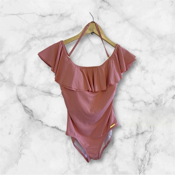 Michael Kors Pink Ruffle Swimsuit Built in Shelf Bra Padded Cups Off Shoulder 6 - Picture 6 of 16